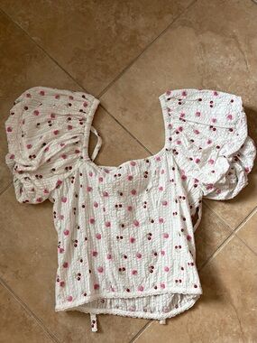 LoveShackFancy White Puff-Sleeve Blouse with Pink & Red Cherry Print